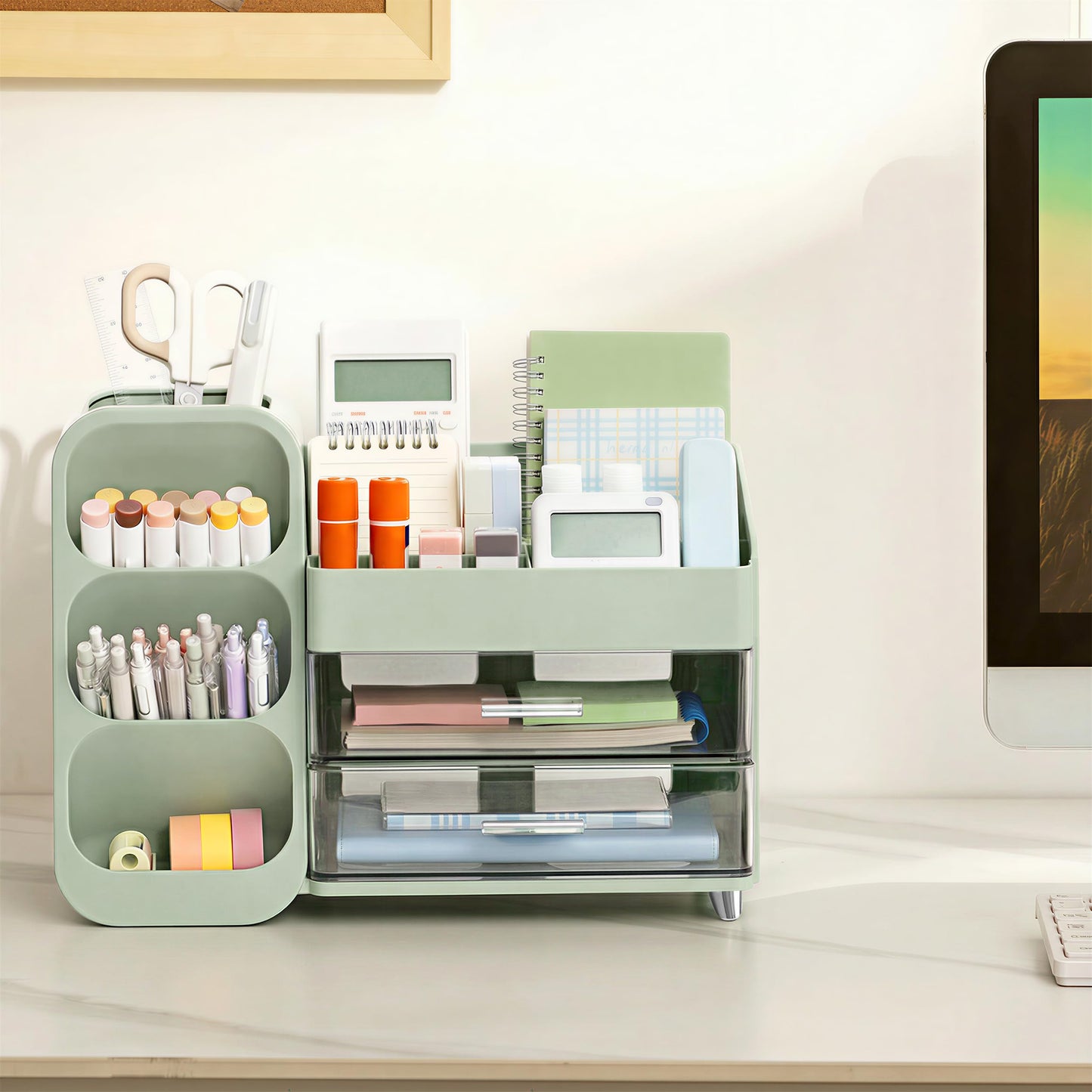 HBlife Desk Organizer with Pen Pencil Holder for Desk, Pen Organizer with 2 Drawers, Desk Organizers and Accessories with 4 Compartments, Desktop Storage for Office Home School Art Supplies, Green