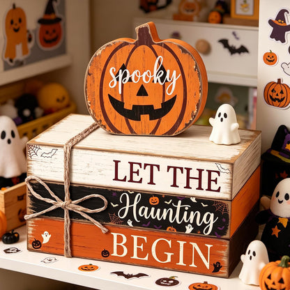 4 Pcs Halloween Tiered Tray Decor Farmhouse Wooden Book Stack with Gnome Spooky Halloween Tabletop Signs Fall Rustic Tiered Tray Decorations for Home Office Shelf Coffee Bar