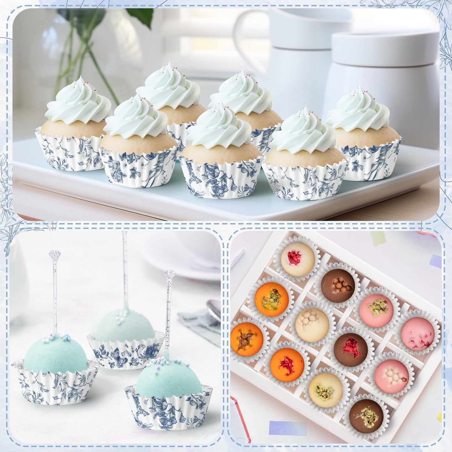 COcnny Flower Mini Cupcake Liners - 600pcs Blue and White Floral Baking Cups Muffin Paper Cupcakes Wrappers for Birthday, Candy Cake Chocolate Wrap Making Supplies for Baby Shower Birthday (10 Styles)