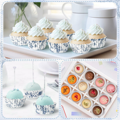 COcnny Flower Mini Cupcake Liners - 600pcs Blue and White Floral Baking Cups Muffin Paper Cupcakes Wrappers for Birthday, Candy Cake Chocolate Wrap Making Supplies for Baby Shower Birthday (10 Styles)