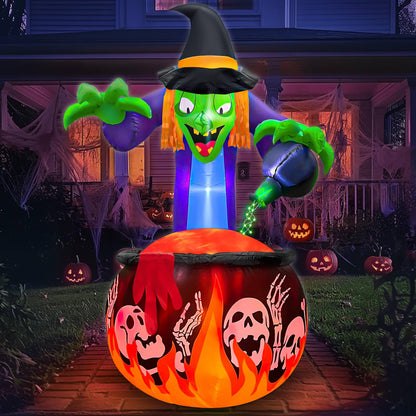[ 2 Style Lights ] 5 Ft Halloween Inflatable Witch and Cauldron with Rotating Red Flame Lights & Green LED String Light, Halloween Decorations Outdoor Blow Up Yard Decor for Indoor Party Garden Lawn