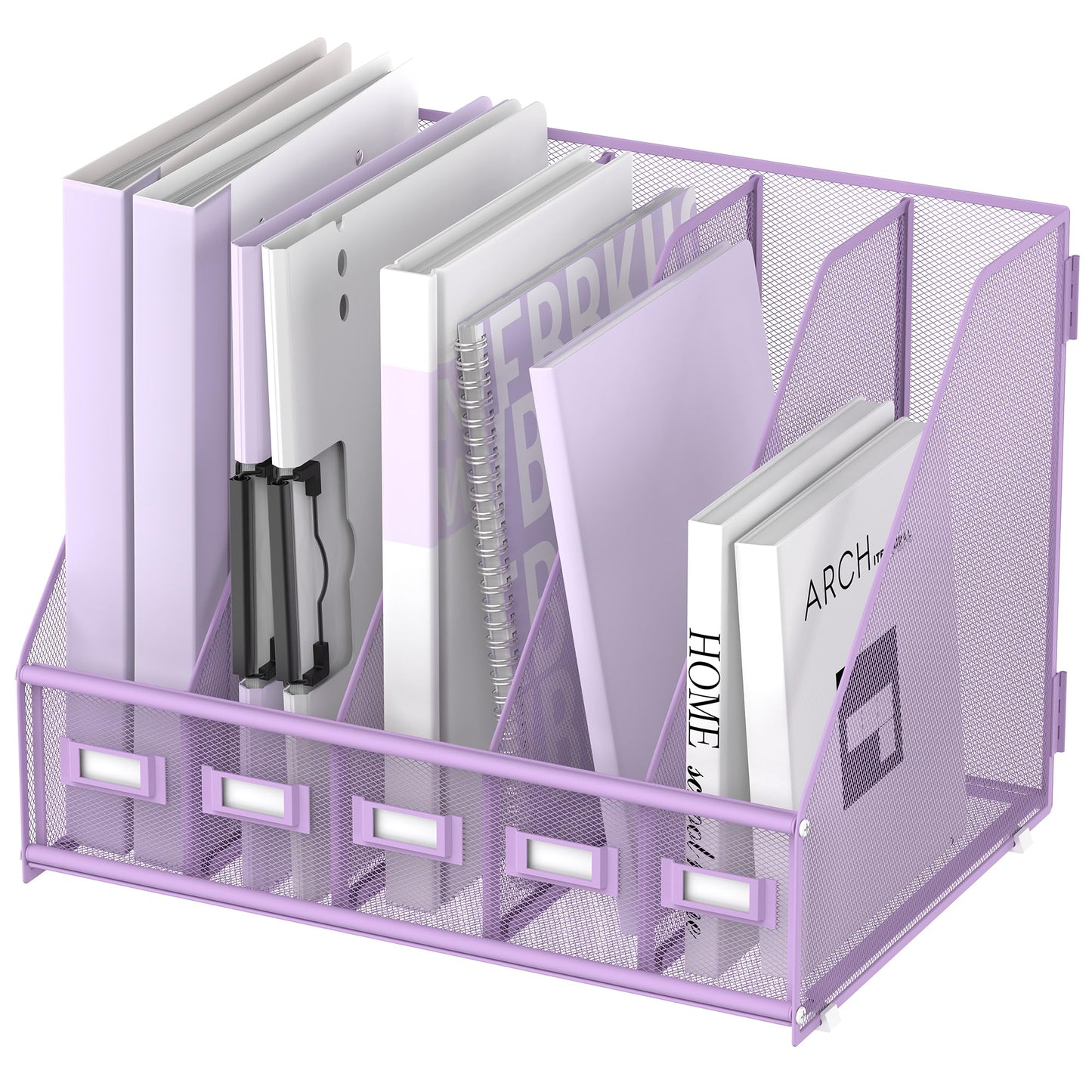SUPEASY Desk Organizers Metal Desk Magazine File Holder with 5 Vertical Compartments Rack File Organizer for Office Desktop, Classroom, Home Workspace, Purple