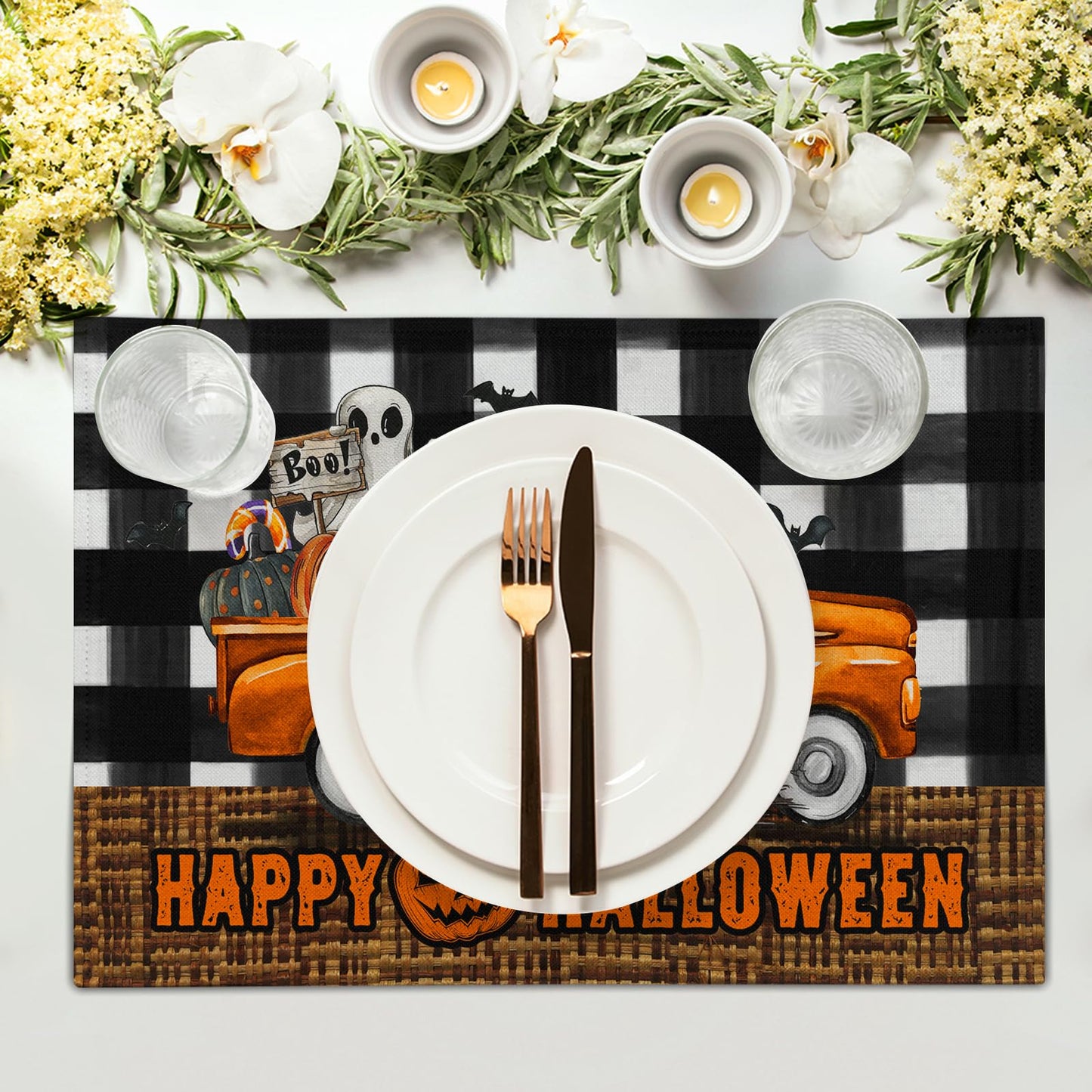 Happy Halloween Placemats Set of 4, 12x18 Inch Pumpkin Ghost Truck Bats Buffalo Plaid Washable Linen Dining Table Place Mats Farmhouse Seasonal Kitchen Dinner Party Holiday Decor