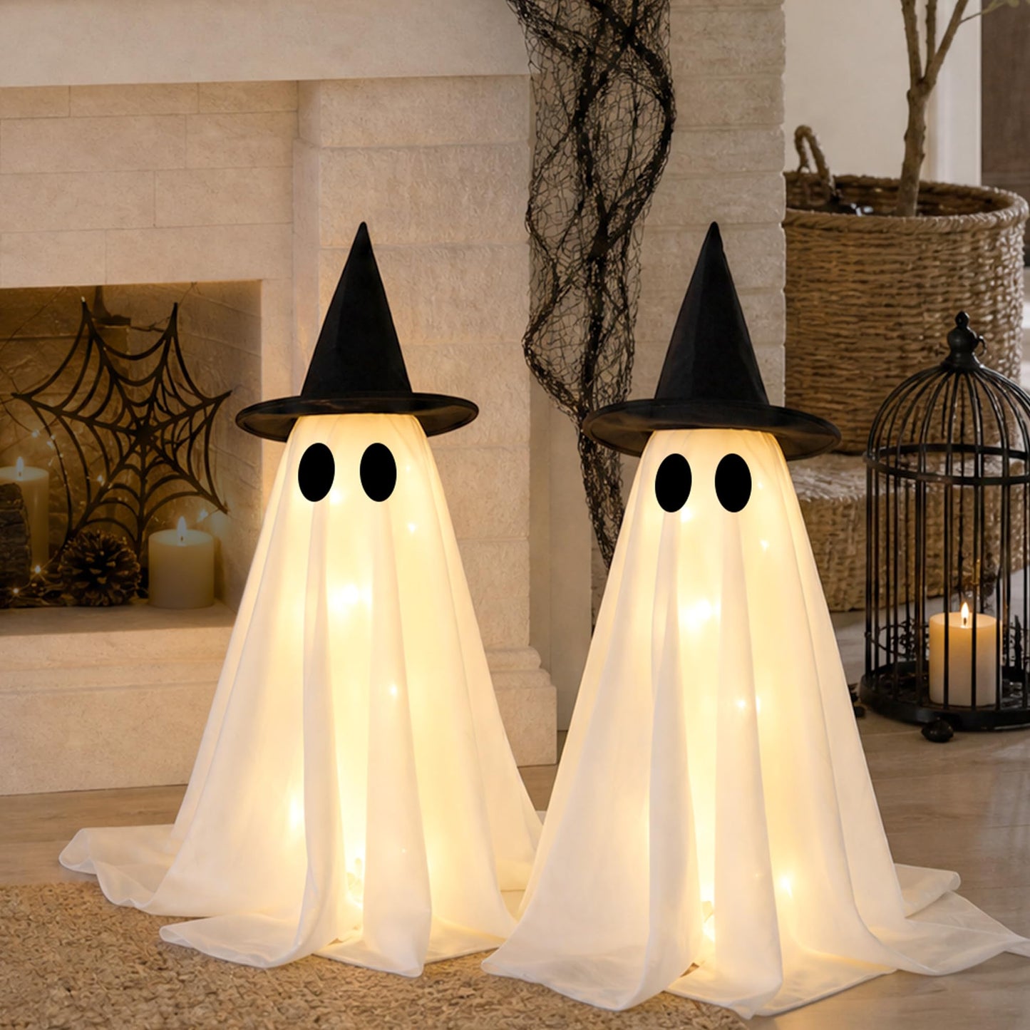 Halloween Decorations-Set of 2 Light-Up Ghosts with Witch Hats, Ghost Table Centerpiece-Spooky Tabletop Decor for Mantel Dining Table Party Indoor Home Decor