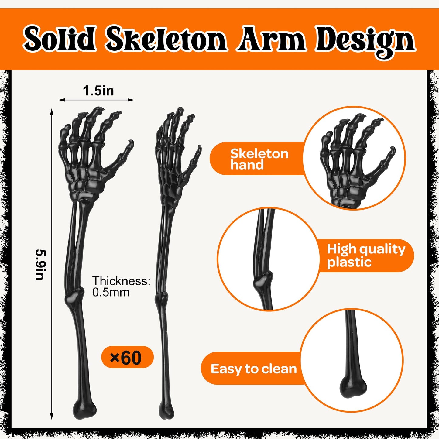 RunNico 60 Pcs 5.9''x1.5'' Halloween Skeleton Cocktail Stirrers, Reusable Skeleton Hand Swizzle Sticks, Halloween Plastic Drink Stirrer for Home Bar Horror Party Table Decorations