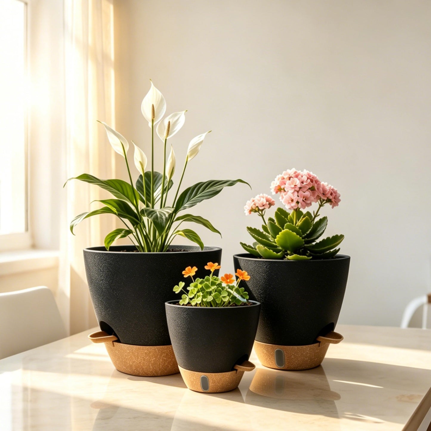 MNKXL 12"/10"/9"/8" Self Watering Pots with Visual Water Window,Extra Large Self Watering Plant Pots with Drainage Holes & Saucers,Black Planters for Indoor Plants,4-Pack