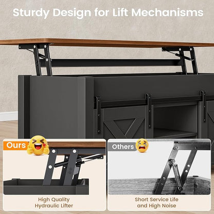 SEDETA Lift Top Coffee Table, Farmhouse Lift Tabletop Dining Table, Gas Spring, Hidden Compartment, Open Storage Shelf, for Living Room, Black Brown