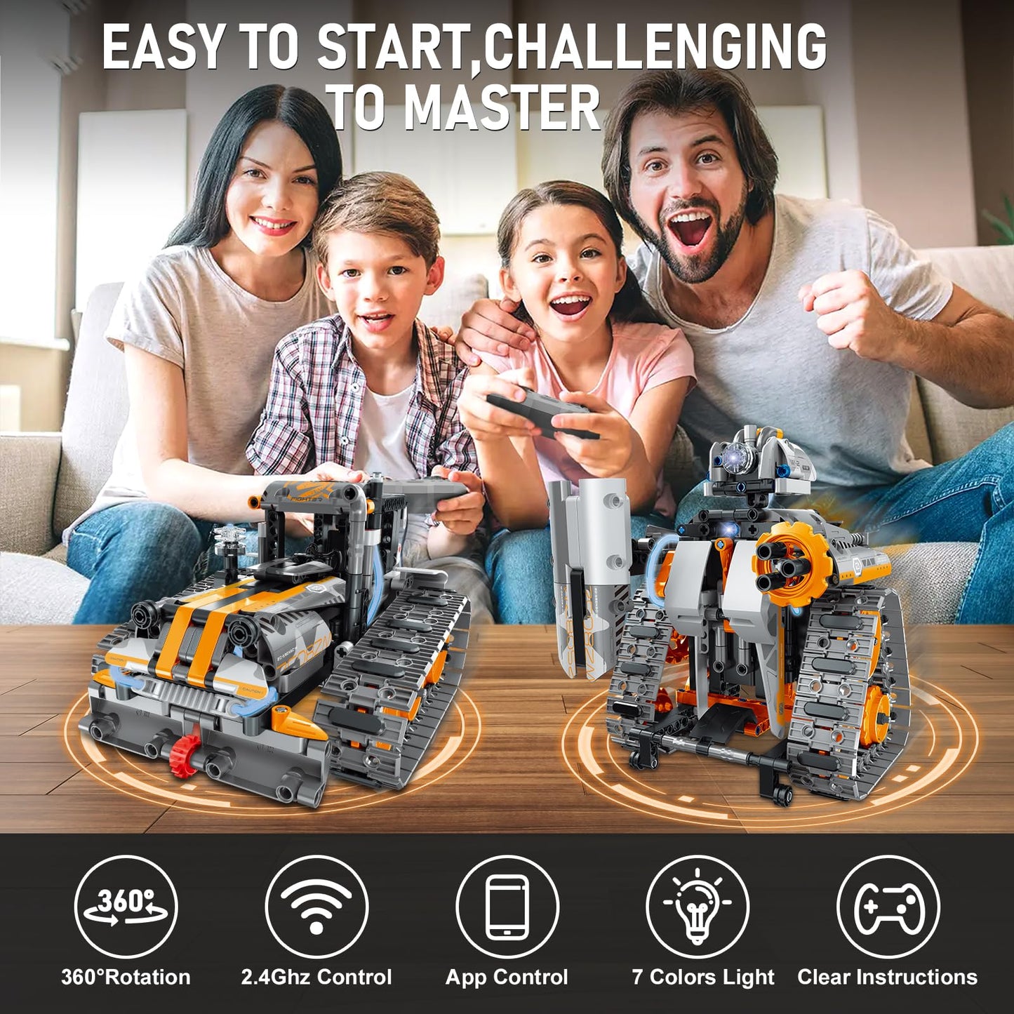 MOJINO 5 in 1 STEM Building Set with LED Light, APP & Remote Controlled Cars Building Toys Kit, RC Robot Tank Sleigh Tracked Racer 554 PCS, Toy Gifts for Kids Boys Girls Ages 6 7 8 9 10 11 12+ Year