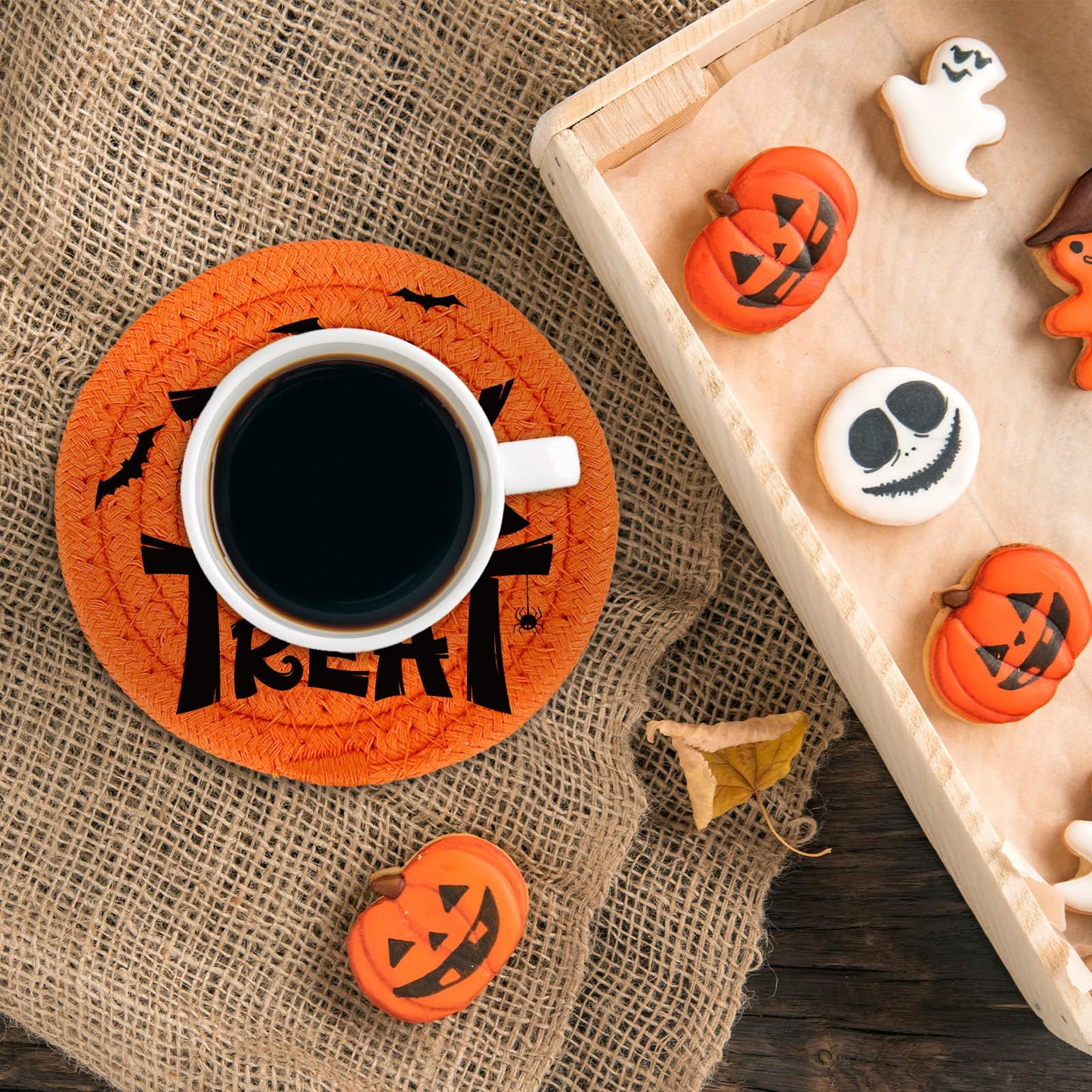 Whaline Happy Halloween Cotton Coasters Black Orange Pumpkin Face Handmade Braided Drink Coasters Trick or Treat Absorbent Cup Mats for Party Home Table Decor, Set of 4