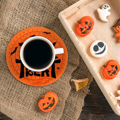 Whaline Happy Halloween Cotton Coasters Black Orange Pumpkin Face Handmade Braided Drink Coasters Trick or Treat Absorbent Cup Mats for Party Home Table Decor, Set of 4