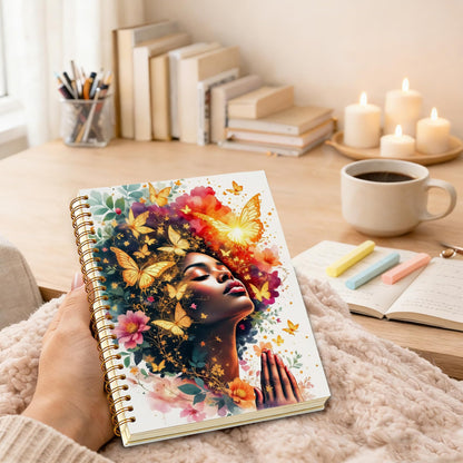 sdfkmlcdl Inspirational Black Women Praying Spiral Notebook, African American Gifts Journal for Black Women, Fantasy Golden Butterfly Flower Hardcover Journal, 5.5x8.3