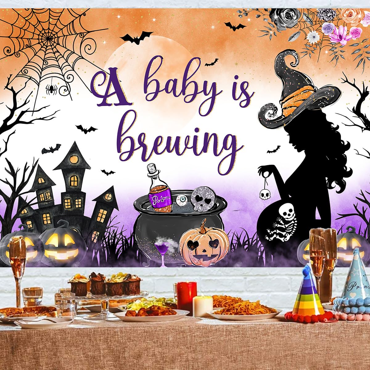 Withu A Baby is Brewing Backdrop Halloween Baby Shower Pregnant Witch Pumpkin Cobweb Haunted House Castle Gender Reveal Baby Boy Girl Newborn Party Decoration Banner Background 6x4ft