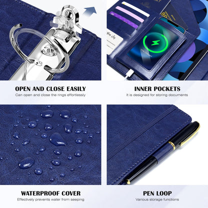 Ospelelf Leather 3 Ring Binder for Letter Size Documents with Durable Pocketed Dividers, Storage Bag & Notepad, 1 Inch Round Rings, Holds 175 Sheets, for Office School Home Organization, Deep Blue