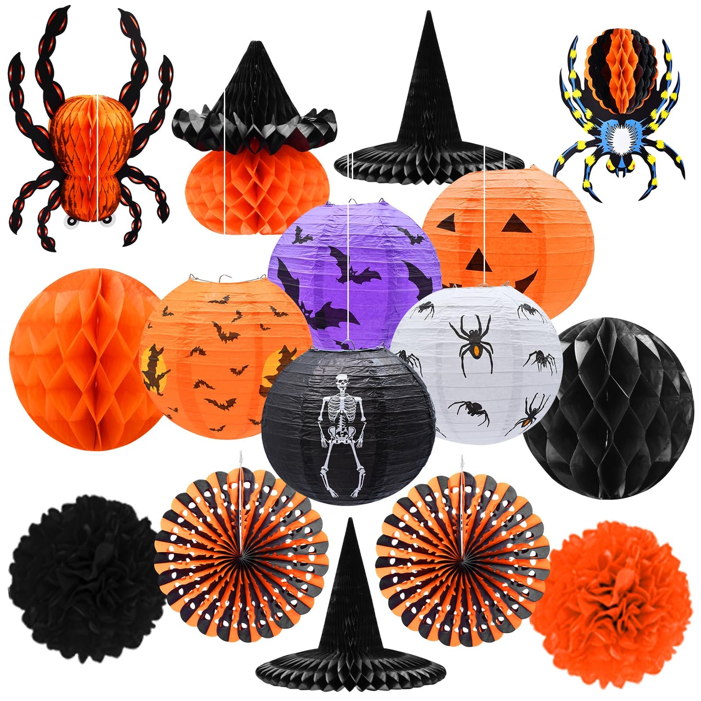 16-Pack Halloween Honeycomb Paper Lantern Ornaments – Hanging Decorations in Pumpkin, Spider, Witch Hat, and Ghost Designs for Halloween Party, Indoor Outdoor Décor, Fall Festival Supplies