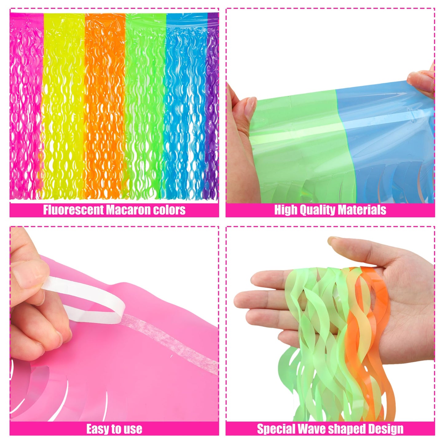 4 Pack Neon Tinsel Foil Fringe Table Skirts 108 x 29.5 Inch Glow in The Dark Party Table Decoration UV Reactive Fluorescent Wavy Tables Skirt for Glow Birthday Wedding Supplies Neon Party Decor