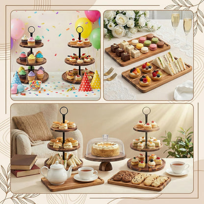 5 Pcs Wooden Dessert Table Display Set,Acacia Wood Cake Stand with Dome Lid,2 Pcs 3-Tier Dessert Display Stands and 2 Serving Trays Hosting Essential for Wedding Birthday Party Baby Shower Christmas
