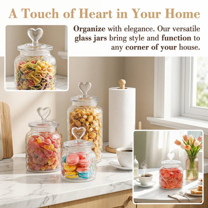 Hiceeden Set of 3 Cute Glass Jars with Airtight Lids, Candy & Cookie Food Storage Containers with Heart-shaped Handle, Glass Canister with Grid Texture for Coffee Beans, Flour, Sugar, 22/32/45oz