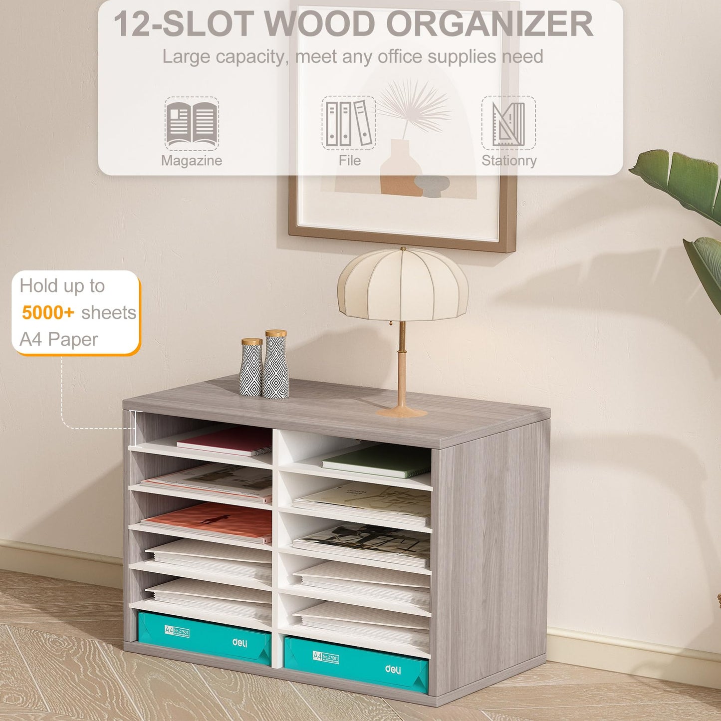 EasyPAG 12 Compartments Wooden Literature Organizer with Adjustable Shelves, 6000 Sheets Capacity Paper Organizer, Classroom Mailbox and Mail Sorter for Teachers and Office, Retro Gray/White
