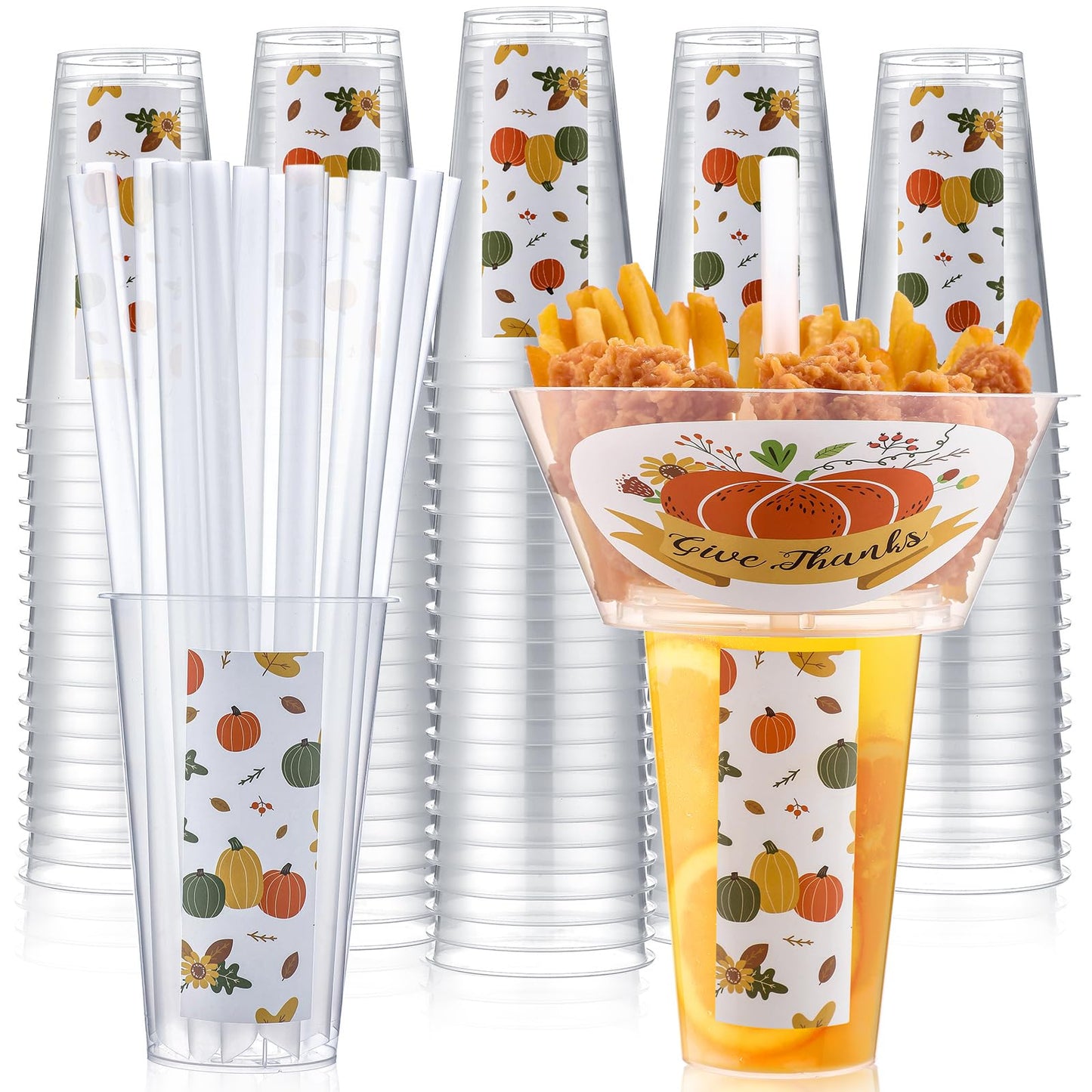 SiliFine 25 Sets of Thanksgiving Pumpkin Party Drink and Snack Cup with Straws Fall Disposable Plastic Tumbler with Snack Bowl Cup Thanksgiving Combo for French Fries Fried Chicken Fruit
