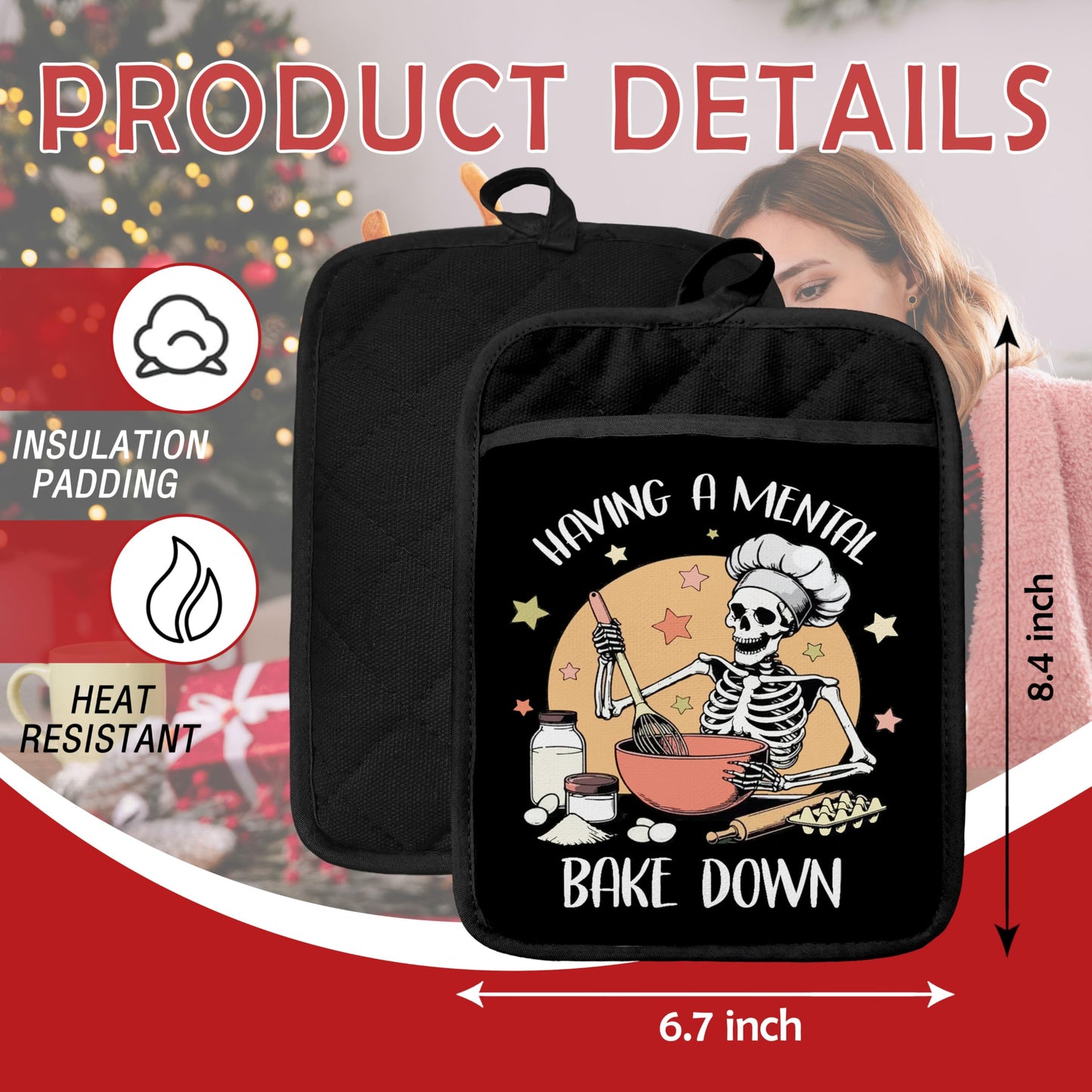 GOOZHO Funny Halloween Skeleton Baker Pot Holders with Pockets, Having a Mental Bake Down Halloween Skull Oven Pot Holders Heat Resistant Oven Mitts Hot Pads for Kitchen Baking Cooking