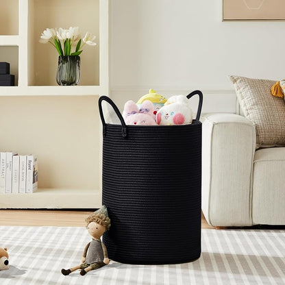 80L Extra Large Black Laundry Hamper Tall Woven Rope Laundry Basket for Clothes Modern Blanket Storage Basket in Living Room Bedroom 16"L x 16"W x 22"H