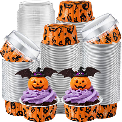 Gandeer 200 Pack Halloween Cupcake Baking Cups with Lids, Aluminum Foil 5 oz Round Cupcake Liners, Disposable Cake Pans, Mini Dessert Containers Flan Mold for Halloween Spooky Party