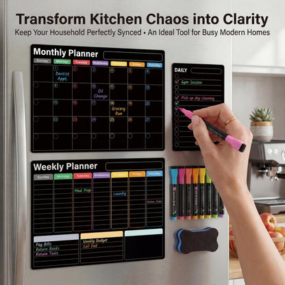 AUVIREC Magnetic Black Calendar for Refrigerator (3-Pack, Ships Flat) - 17"x12" Monthly, Weekly & Daily Planner with Lined Grids - Nano-Tech Dry Erase Fridge Board, 8 Neon Liquid Chalk Markers