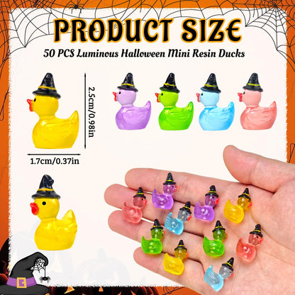 Feivando 50 Pcs Halloween Luminous Mini Resin Ducks Glow in The Dark Tiny Little Duck Figures with Witch Hat Miniature Figurines for Halloween Crafts Micro Landscape Fairy Garden Party Decor