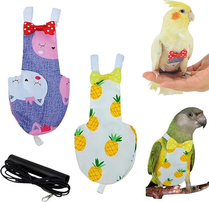 2Pcs Bird Diapers Bird Harness Flight Suits Diapers with 80 Inch Flying Leash Parrot Nappy Washable Cute Urine Wet Suit for Cockatiel Conure Macaw Budgies Parakeet-Pineapple&Kitten,M