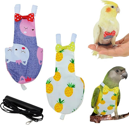 2Pcs Bird Diapers Bird Harness Flight Suits Diapers with 80 Inch Flying Leash Parrot Nappy Washable Cute Urine Wet Suit for Cockatiel Conure Macaw Budgies Parakeet-Pineapple&Kitten,M