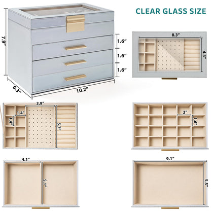 AKOZLIN 4-Tier Jewelry Box with Clear Glass Lid Functional Leather Jewelry Storage Organizer Case 3 Drawers for Women Girls Necklace Ring Bracelet Earring
