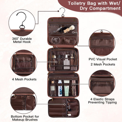Aganmi Personalized Hanging Toiletry Bag Travel Gifts for Men Him, 3-in-1 Large Laser-Engraved Initial Waterproof PU Leather Shaving Bag Valentines Birthday Gift for Men Dad Husband Reddish Brown M
