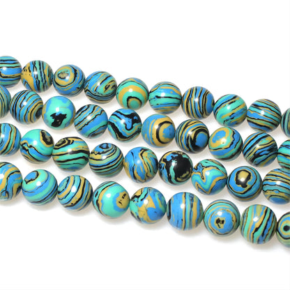 MJDCB Synthesis Colour Malachite Beads Beautiful Fashion Round Stone Beads for DIY Jewelry Making 15" (10mm, Blue- Gold - Black)