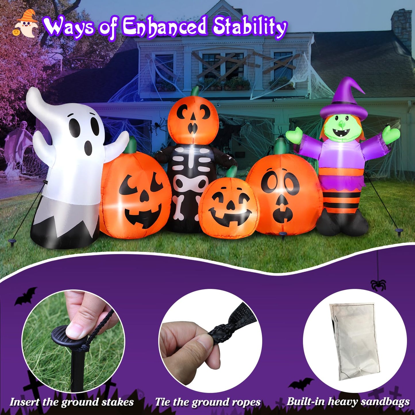8 FT Length Halloween Inflatables Pumpkin Outdoor Decoration, Witch, Ghost, with Blow Up Pumpkin Inflatables Decorations Built-in LED Lights & Powerful Air Blower for Party Garden Halloween Decor