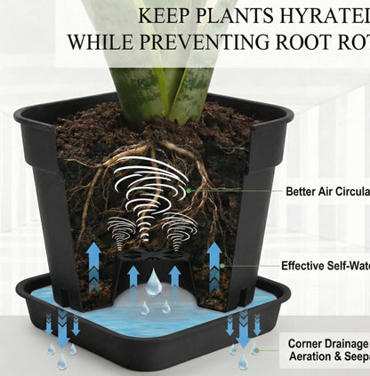 8 Inch Square Plastic Planter Pot- 6 Pack Heavy Duty Planters with Trays, 24 Strip Drainage Holes for Root Aeration & Prevention of Root Rot, Raised Bottom Airflow Center, BPA-Free Black Flower Pots