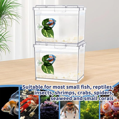 MoonOrange Mini Betta Fish Tank, Small Fish Bowl for Temporary Space, 0.2 Gallon Stackable Cube Tank with Betta Leaf and Gravels for Small Fish, Insect, Shrimp, Crab, Spider.(Pack-2)