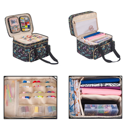 Remobia Hicol Double Layer Sewing Organizer - Bonus 2 Clear Plastic Boxes/2Detachable Pouches, Extra Large Capacity Bag for Threads, Needles & Craft Supplies (Black Leaves)