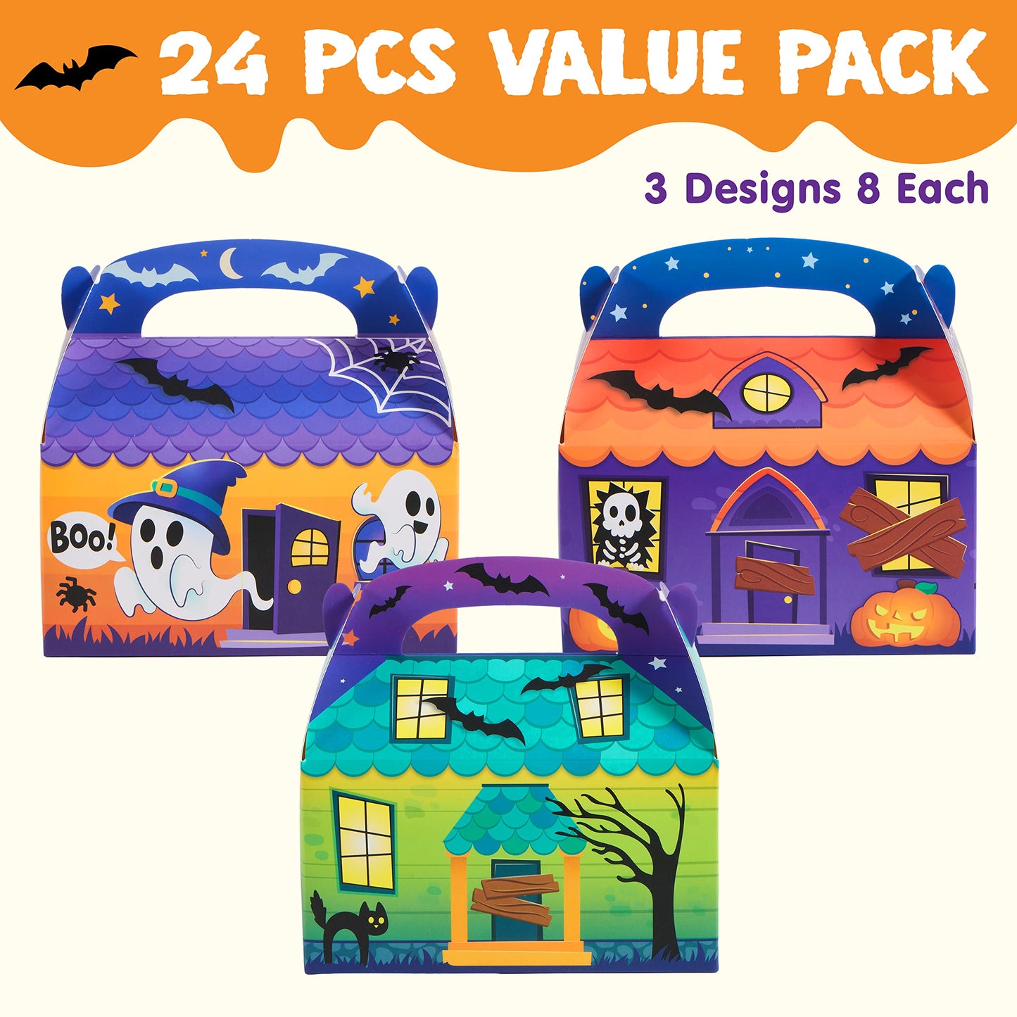JOYIN 24 PCS Halloween Treat Boxes Cookie Boxes, House Cardboard for Treat Candy Bags Cookies Goodie Bags (5.6"x5.6"x3.2") Trick or Treat for Kids Children Halloween Party Favor Supplies