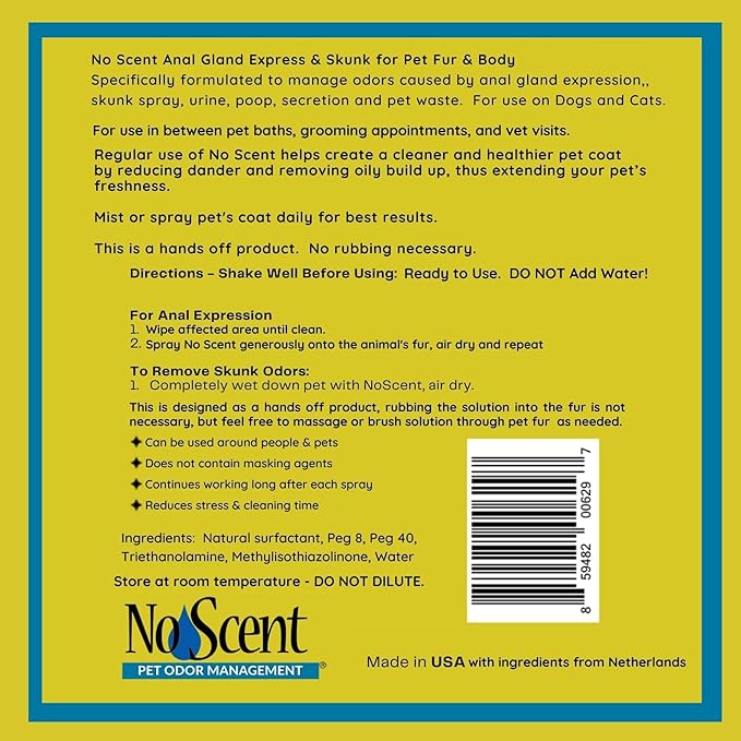 No Scent Anal Gland Express & Skunk Spray Pet Fur Cleaner for Dogs & Cats (128 Fl Oz / 3.8 Liters)