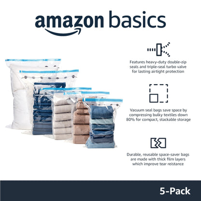 Amazon Basics Vacuum Compression Zipper Storage Bags With Hand Pump, Medium, Clear, 5-Pack, White, Sky Blue