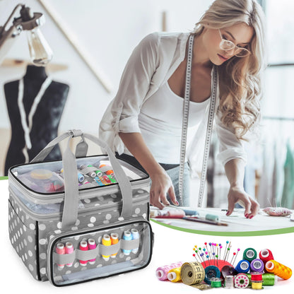 LUXJA Double-Layer Sewing Storage Organizer with Transparent Compartment, Large Sewing Organizer Bag with Detachable Divider for Sewing Supplies (Bag Only), Polka Dots