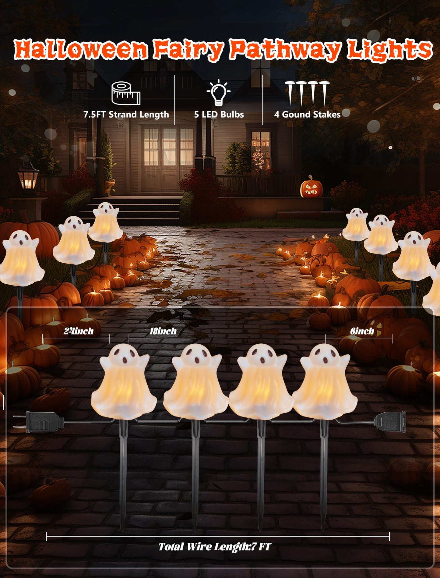 Halloween Pathway Lights Outdoor Decorations, 4PCS 3D Light-Up Ghost Garden Stake Lights, Waterproof Outdoor Lights for Yard, Lawn, Driveway, Halloween Decor