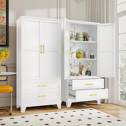GAIOUS Steel Pantry Cabinet, 71" Metal Storage Cabinets | with 2 Doors, 2 Adjustable Shelf and 2 Drawers, Freestanding Storage Cabinet for Bedroom, Kitchen, Home Office (White)