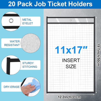 20 Pack Job Ticket Holders, 19 x 12 Inch Dry Erase Pockets Paper Sleeves Reusable Shop Ticket Protectors Writable and Erasable Document Cover for Work Orders Classroom Use