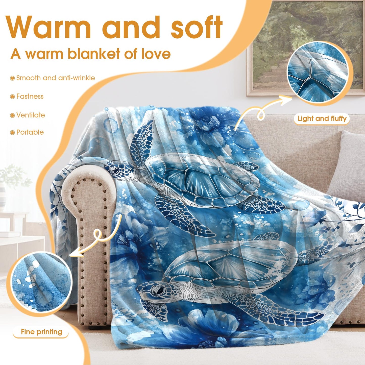 Hohoto Sea Turtle Floral Blanket Blue Flowers Ocean Gifts for Women Kids Girls Birthday Christmas Halloween Mother's Day Mom Wife Sisters Female Friends Presents Colorful Throw 60"x80"