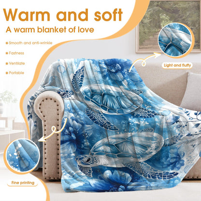Hohoto Sea Turtle Floral Blanket Blue Flowers Ocean Gifts for Women Kids Girls Birthday Christmas Halloween Mother's Day Mom Wife Sisters Female Friends Presents Colorful Throw 60"x80"
