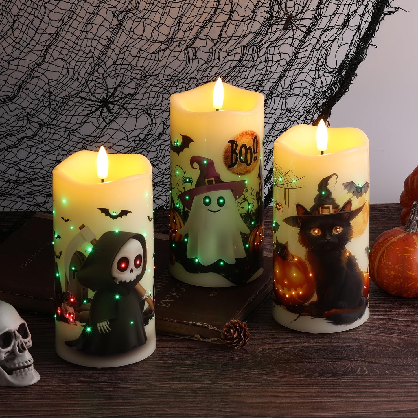 Eywamage Fiber Optic Halloween Flameless Candles with Remote, Flickering Battery Operated LED Pillar Candles Set of 3