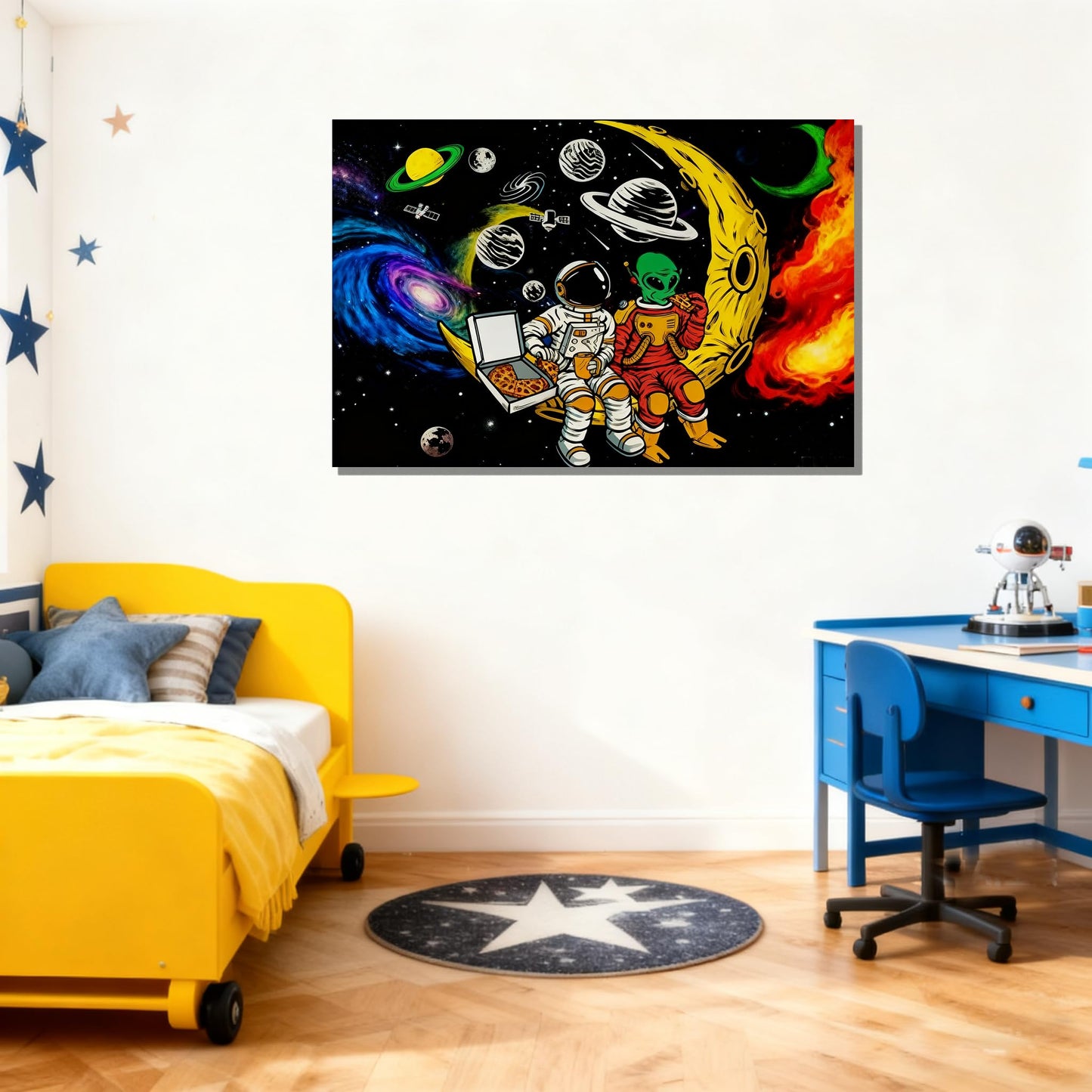 16x24 Space Astronaut Alien Pizza Party Canvas Wall Art Black Cosmic Prints Moon Planet Poster Home Framed Decor Kids Bedroom Fantasy Painting Teen Boy Room Funny Gift Picture Child Study Room Photo