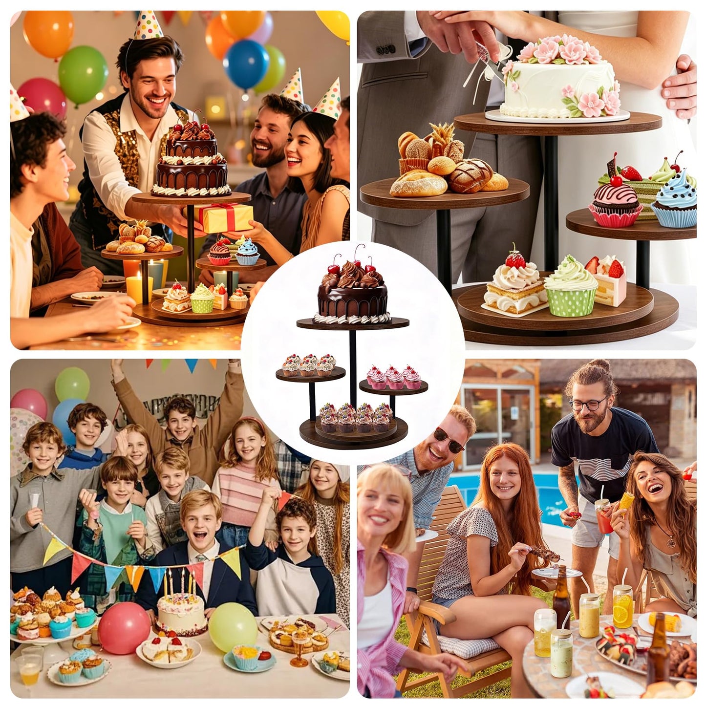 4 Tier Round Cupcake Tower Stand for 50 Cupcakes, 360° Rotating Wood Cake Stand with Tiered Trays, Farmhouse Cookie Stand for Dessert Table Display for Wedding Birthday Baby Shower Tea Party ﻿