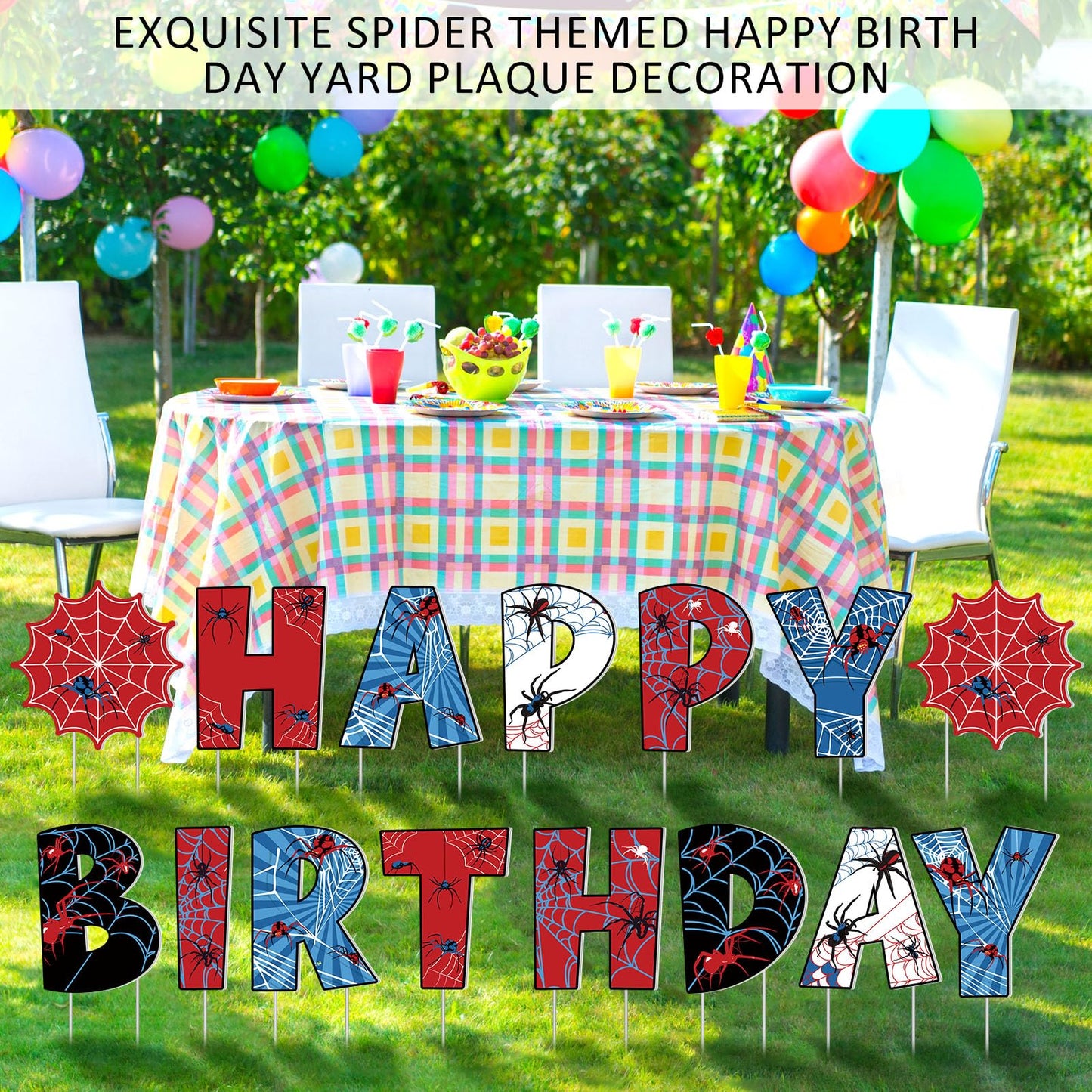 GlikCeil 15 Pcs Spider Happy Birthday Yard Signs with Metal Stakes Happy Birthday Letter Lawn Signs Spider Theme Party Favors Decorations for Outdoor Yard Lawn